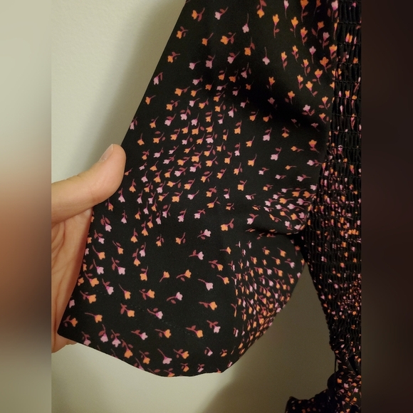 NWOT Kate Spade Meadow Smocked Back Shirtdress. Black. Orange, pink floral. 2. - Picture 8 of 16